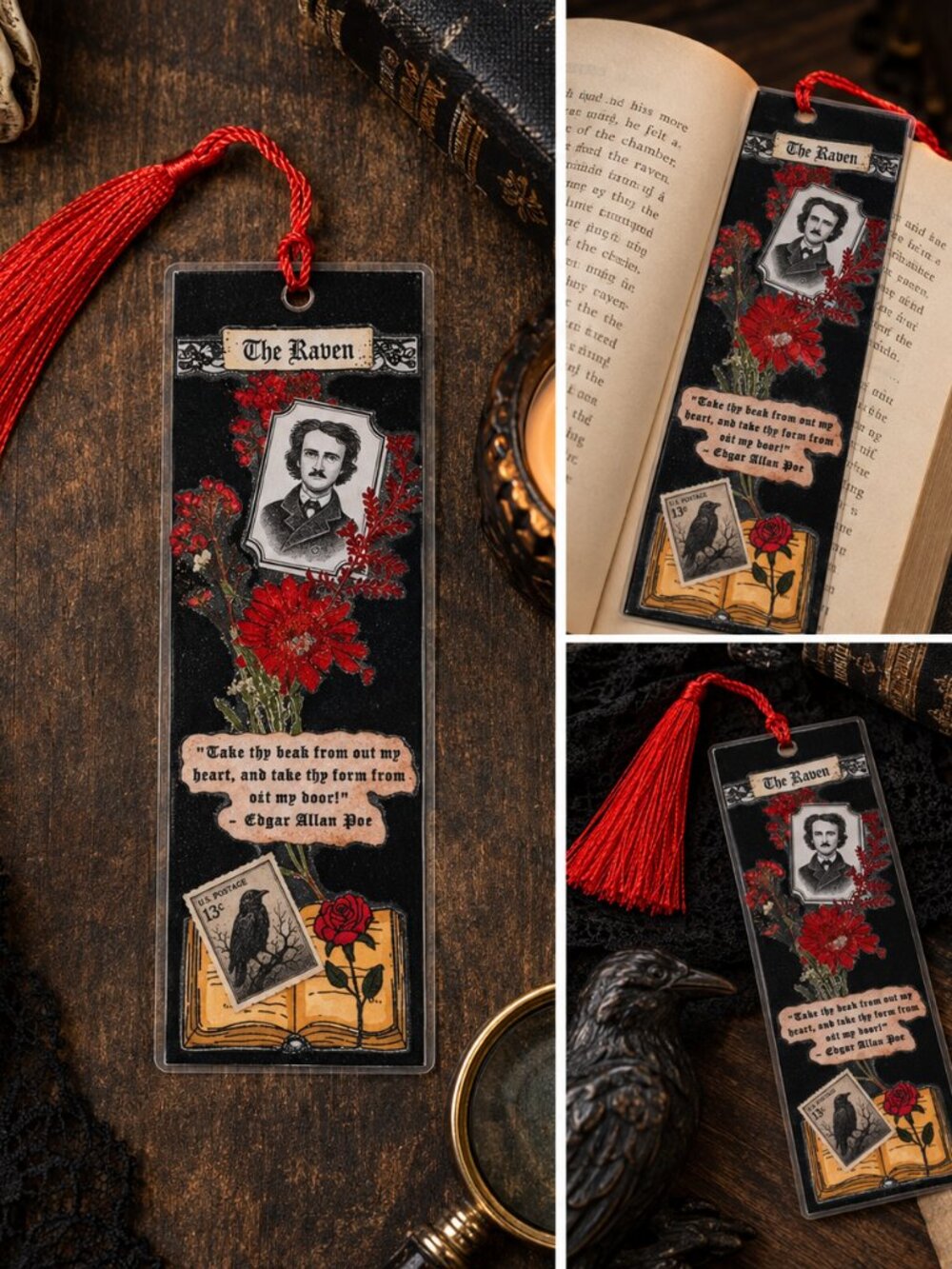 Edgar Allan Poe The Raven Pressed Flower Bookmark | Handmade Bookish Gift